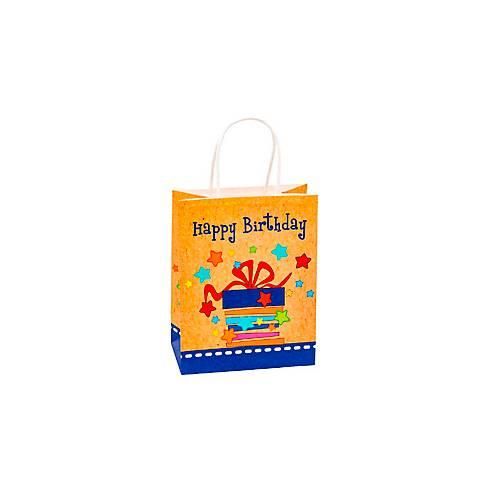 Geschenktüte „Happy Birthday“, Format A5, mit Tragekordel, B 180 x T 100 x H 230 mm, Kraftpapier, beige & farbig bedruckt, 6 Stück