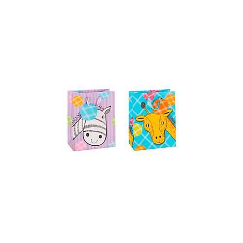 Geschenktüte Tiermotiv Zebra/Giraffe, Format A5, mit Trageband & Beschriftungsschild, B 180 x T 100 x H 230 mm, PP-Folie, lila-blau, 12 Stück sortiert