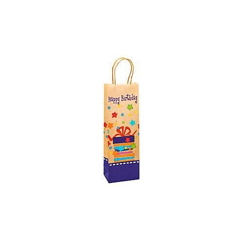 Geschenktüte für Flaschen „Happy Birthday“, mit Tragekordel, B 120 x T 80 x H 360 mm, Kraftpapier, beige & farbig bedruckt, 6 Stück