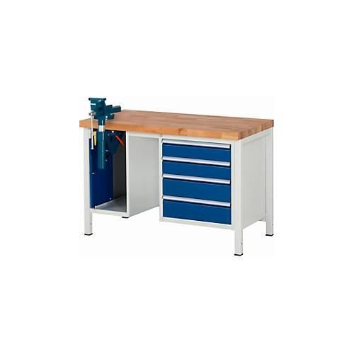 Werkbank Modell 8185, 4 Schubladen, Schrank mit Einschiebetür, inkl. Schraubstock, B 1250 x T 700