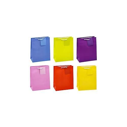 Geschenktüte „Trendfarben“, Format A5, mit Tragekordel & Beschriftungsschild, B 180 x T 100 x H 230 mm, PP-Folie, 12 Stück farbsortiert