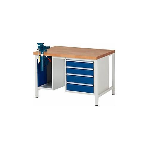 Werkbank Modell 8185, 4 Schubladen, Schrank mit Einschiebetür, inkl. Schraubstock, B 1500 x T 700