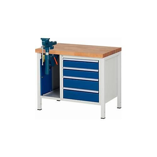 Werkbank Modell 8185, 4 Schubladen, Schrank mit Einschiebetür, inkl. Schraubstock, B 1000 x T 700