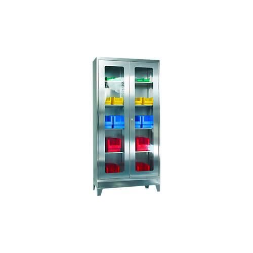 Edelstahl-Vitrinenschrank, 2-türig, 4 Einlegeböden, mit Füßen, B 1000 x T 400 x H 1950 mm