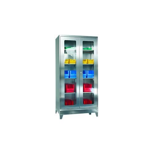 Edelstahl-Vitrinenschrank, 2-türig, 4 Einlegeböden, mit Füßen, B 1000 x T 600 x H 1950 mm
