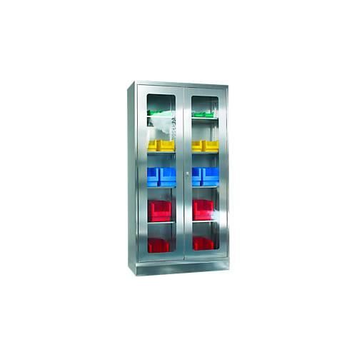 Edelstahl-Vitrinenschrank, 2-türig, mit Sockel, B 1000 x T 400 x H 1950 mm