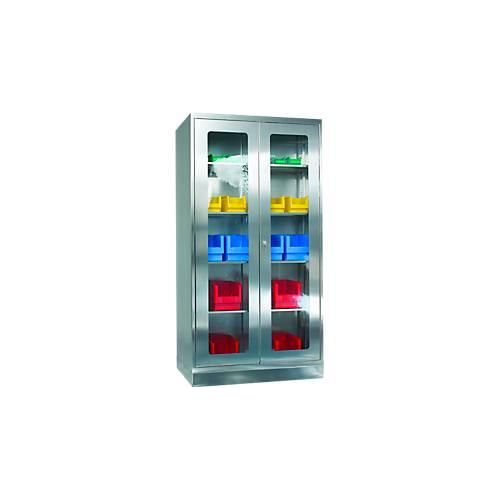 Edelstahl-Vitrinenschrank, 2-türig, mit Sockel, B 1000 x T 600 x H 1950 mm