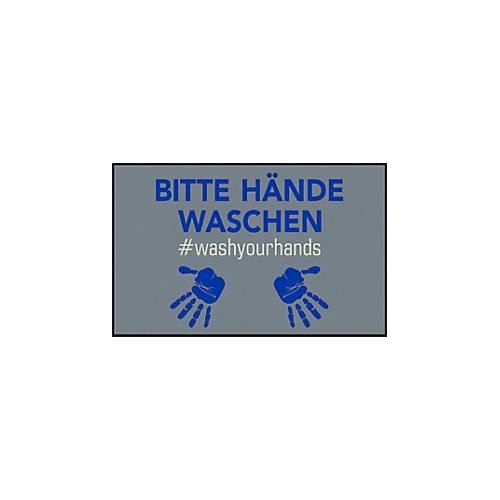 Fußmatte Bitte Hände waschen, Polyamid, Rücken/Ränder aus Nitrilgummi, waschbar, L 750 x B 1200 mm, grau/blau
