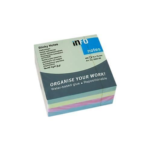INFO Haftnotizen Brillant, 75 mm x 75 mm, 1 x 400 Blatt, pastellgrün, gelb, blau, rosa