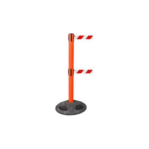 RS-GUIDESYSTEMS® Absperrpfosten GLA 250, Doppelgurt, Gurtauszug 4 m, Bodenteller Ø 410 mm, rot/rot-weiß