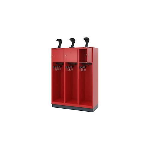 Feuerwehrspind C+P Evolo Youngster, 3 Abteile, mit Helmhalter, mit Sockel, B 1200 x T 500 x H 1630 mm, RAL 3000 Feuerrot/RAL 7016 Anthrazitgrau