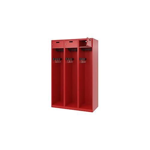Feuerwehrspind C+P Evolo PRAKTUS, 3 Abteile, mit Sockel, Bodengleiter, B 1200 x T 500 x H 1850 mm, RAL 3000 Feuerrot