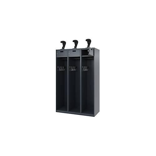 Feuerwehrspind C+P Evolo PRAKTUS, 3 Abteile, Helmhalter, mit Sockel, Bodengleiter, B 1200 x T 500 x H 1850 mm, RAL 7016 Anthrazitgrau