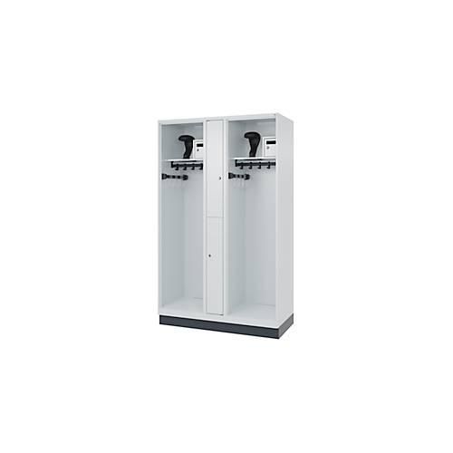 Feuerwehrspind C+P Evolo Maxi, 4 Abteile für 2 Personen, mit Helmhalter, mit Sockel, B 1200 x T 500 x H 1950 mm, RAL 7035 Lichtgrau/RAL 7016 Anthrazitgrau