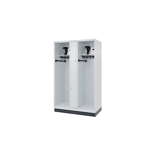 Feuerwehrspind C+P Evolo Maxi, 4 Abteile für 2 Personen, mit Helmhalter, mit Sockel, B 1200 x T 600 x H 1950 mm, RAL 7035 Lichtgrau/RAL 7016 Anthrazitgrau
