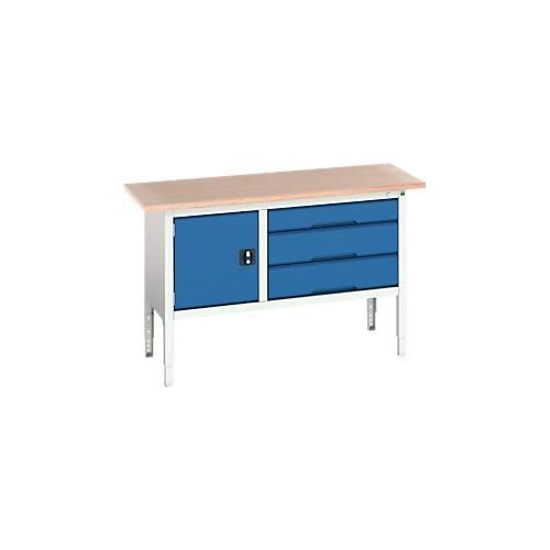 Werkbank Bott verso, bis zu 600 kg, 3 Schubladen & 1 Tür, B 1500 x T 600 x H 830 - 930 mm, Buche Multiplex, Stahl, Lichtgrau RAL 7035 / Enzianblau RAL 5010