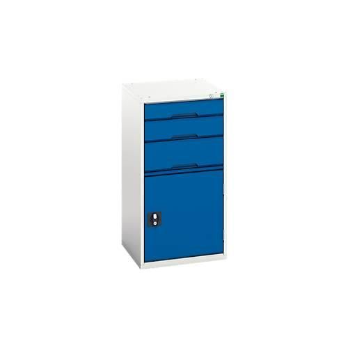 Schubladenschrank bott verso, mit Flügeltür, 3 Schubladen, Einzelauszug, Fachboden, B 525 x T 550 x H 1000, Stahlblech, Grau-Blau