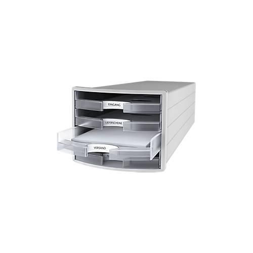 Schubladenbox HAN Impuls 2.0, 4 Schubladen, Format A4, stapelbar, offen, grau/transparent-klar