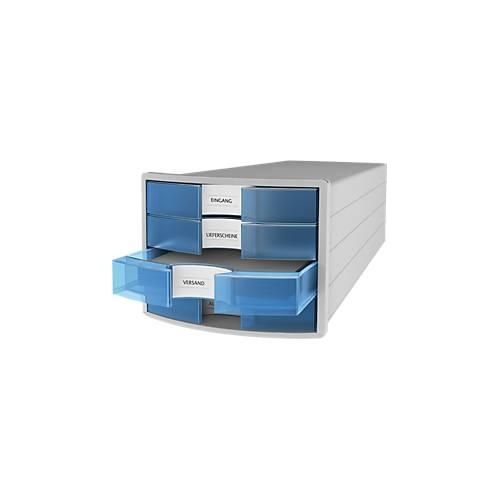 Schubladenbox HAN Impuls 2.0, 4 Schubladen, Format A4, stapelbar, geschlossen, grau/transparent-blau
