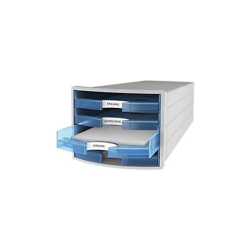 Schubladenbox HAN Impuls 2.0, 4 Schubladen, Format A4, stapelbar, offen, grau/transparent-blau