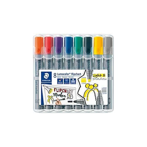 Flipchartmarker Staedtler Lumocolor® 356, 6x Rundspitze 2 mm, 2x Keilspitze 2 oder 5 mm, schnell trocknend, mit Clip, farbsortiert, 8 Stück