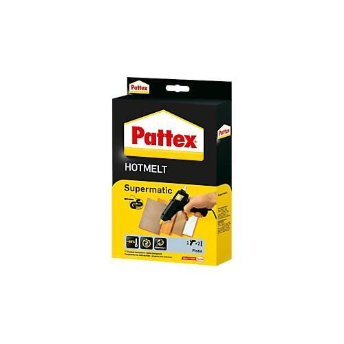 Heißklebepistole Pattex® Hotmelt Supermatic, mechanischer Vorschub, elektronischer Temperaturregler, Standbügel, 2 Heißklebesticks, schwarz-gelb