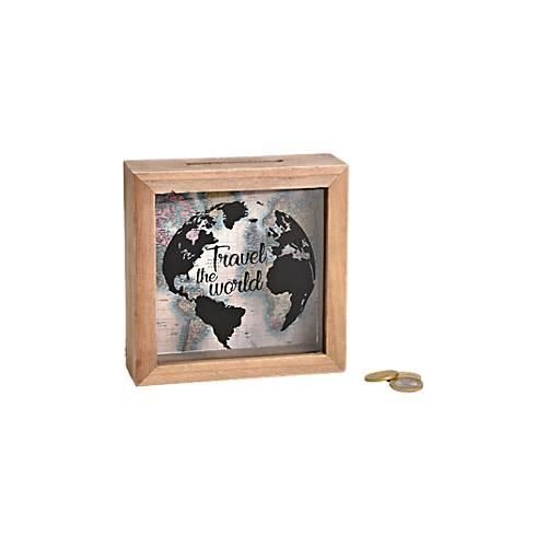 ROOST Sparkasse Travel the World, Spardose, Holzrahmen, Glasfront, entleerbar, 15 x 15 x 5 cm, braun