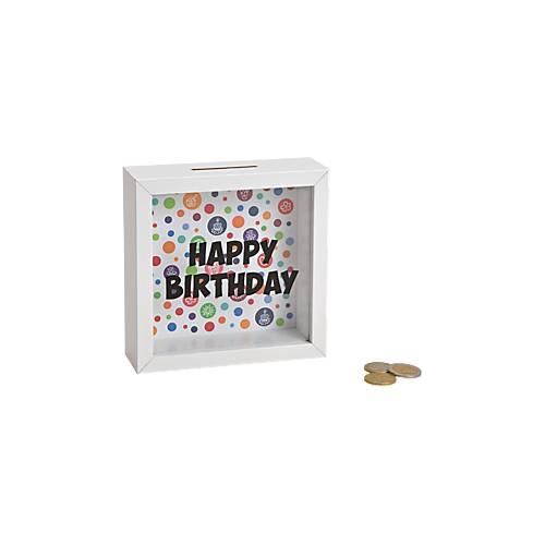 ROOST Sparkasse Happy Birthday, Spardose, Holzrahmen, Glasfront, entleerbar, 15 x 15 x 5 cm, weiss