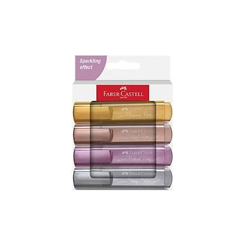 Textmarker Faber-Castell TL 46 Metallic, 3 Strichstärken: 1/2/5 mm, Tinte auf Wasserbasis, im 4er EtuiKarton, farbsortiert Gold, Silber, Rubin und Rose