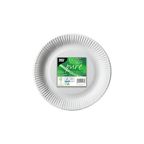 Pappteller Papstar Pure, Einweg, rund, Ø 230 mm, lebensmittelecht, FSC®-zertifiziert & kompostierbar, weiß, 6 x 100 Stück