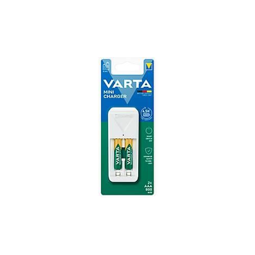 Mini Akkuladegerät für Batterien Varta, 2x AA/AAA, inkl. 2 AA-Akkus, Ladezeit 4,5 h, EU-Stecker, 100-240 V, B 43 x T 63 x H 102 mm, weiß