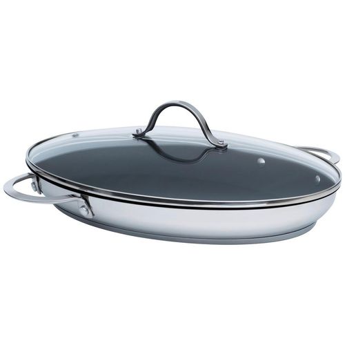 Riess Fischpfanne , Anthrazit, Silber , Metall , oval , 26x5x38.9 cm , backofengeeignet,backofengeeignet, antihaftbeschichtet, Deckel hitzebeständig,