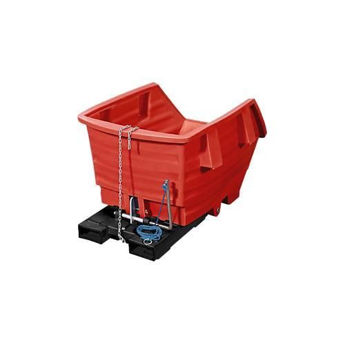 Kippbehälter, Polyethylen, rot, B 920 x T 1420 x H 590 mm, 300 l, Schüttkanthöhe 370 mm, bis 150 kg, Kipp-Arretierungsvorrichtung