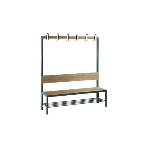 Garderobenbank Basic Plus, 1-seitig, Rückenlehne, mit Schuhrost, Fußgestell schwarzgrau RAL 7021, B 1500 mm, Dekor Eiche Ser.
