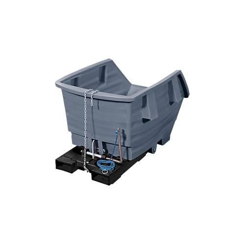Kippbehälter, Polyethylen, grau, B 920 x T 1420 x H 590 mm, 300 l, Schüttkanthöhe 370 mm, bis 150 kg, Kipp-Arretierungsvorrichtung