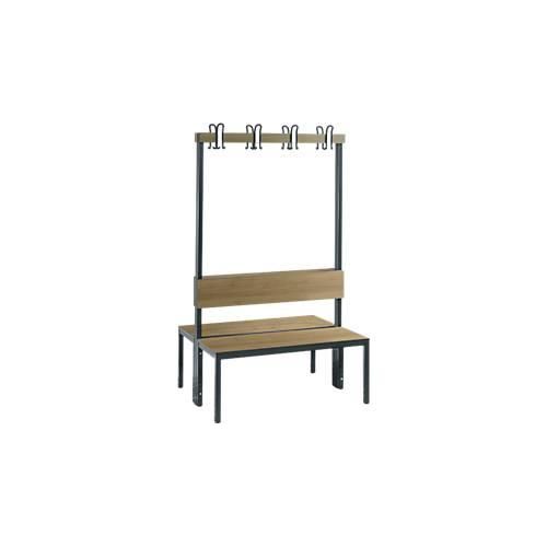 Garderobenbank Basic Plus, 2-seitig, Rückenlehne, ohne Schuhrost, Fußgestell schwarzgrau RAL 7021, B 1000 mm, Dekor Eiche Ser.