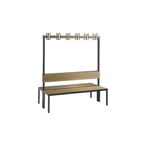 Garderobenbank Basic Plus, 2-seitig, Rückenlehne, ohne Schuhrost, Fußgestell schwarzgrau RAL 7021, B 1500 mm, Dekor Eiche Ser.