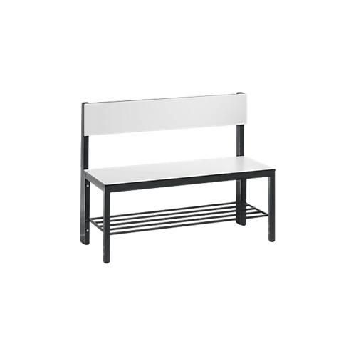 Sitzbank Basic Plus, 1-seitig, Rückenlehne, mit Schuhrost, 4-Fußgestell schwarzgrau RAL 7021, B 1000 mm, Dekor weiß