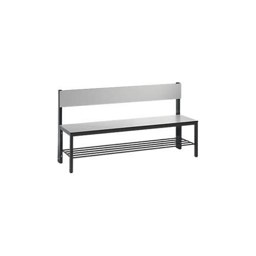 Sitzbank Basic Plus, 1-seitig, Rückenlehne, mit Schuhrost, 4-Fußgestell schwarzgrau RAL 7021, B 1500 mm, Dekor silbergrau