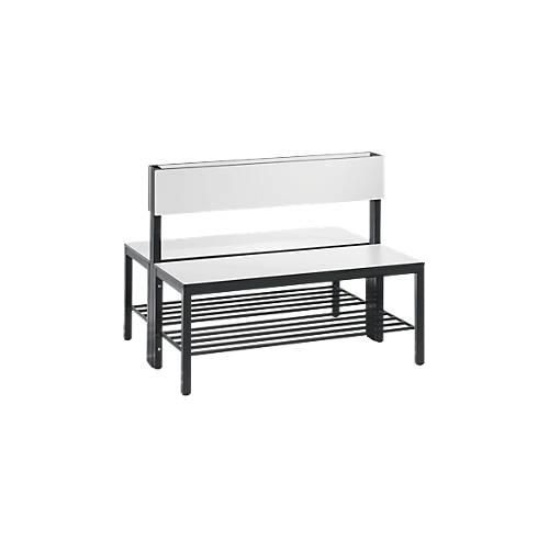 Sitzbank Basic Plus, 2-seitig, mit Rückenlehne & Schuhrost, 4-Fußgestell schwarzgrau RAL 7021, B 1000 mm, Dekor silbergrau