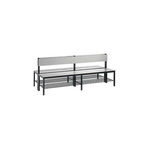 Sitzbank Basic Plus, 2-seitig, mit Rückenlehne & Schuhrost, 4-Fußgestell schwarzgrau RAL 7021, B 1960 mm, Dekor silbergrau