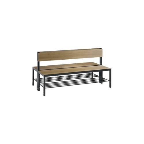 Sitzbank Basic Plus, 2-seitig, mit Rückenlehne & Schuhrost, 4-Fußgestell schwarzgrau RAL 7021, B 1500 mm, Dekor Eiche Ser.