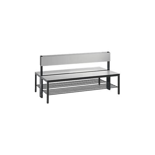 Sitzbank Basic Plus, 2-seitig, mit Rückenlehne & Schuhrost, 4-Fußgestell schwarzgrau RAL 7021, B 1500 mm, Dekor silbergrau