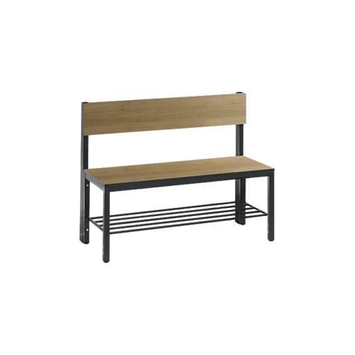 Sitzbank Basic Plus, 1-seitig, Rückenlehne, mit Schuhrost, 4-Fußgestell schwarzgrau RAL 7021, B 1000 mm, Dekor Eiche Ser.