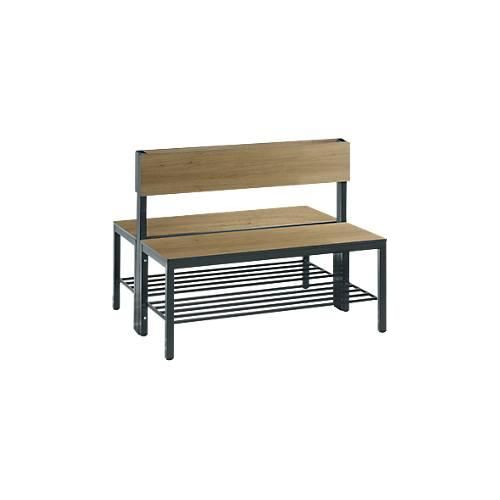 Sitzbank Basic Plus, 2-seitig, mit Rückenlehne & Schuhrost, 4-Fußgestell schwarzgrau RAL 7021, B 1000 mm, Dekor Eiche Ser.