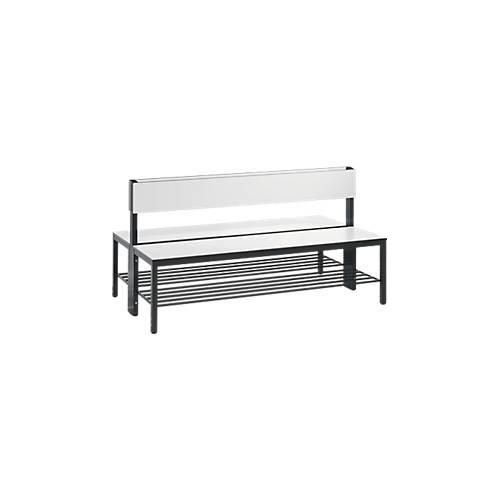 Sitzbank Basic Plus, 2-seitig, mit Rückenlehne & Schuhrost, 4-Fußgestell schwarzgrau RAL 7021, B 1500 mm, Dekor weiß