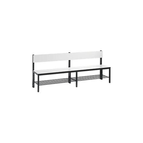 Sitzbank Basic Plus, 1-seitig, Rückenlehne, mit Schuhrost, 4-Fußgestell schwarzgrau RAL 7021, B 1960 mm, Dekor weiß