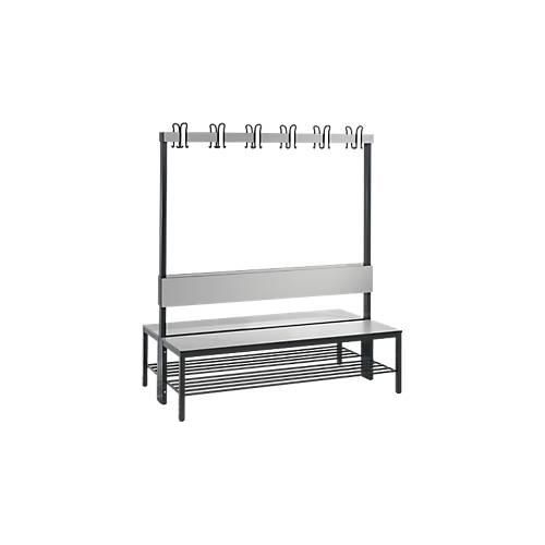 Garderobenbank Basic Plus, 2-seitig, Rückenlehne, mit Schuhrost, Fußgestell schwarzgrau RAL 7021, B 1500 mm, Dekor silbergrau