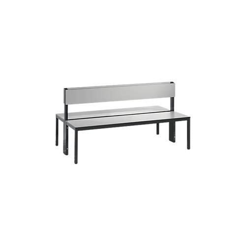 Sitzbank Basic Plus, 2-seitig, Rückenlehne, ohne Schuhrost, 4-Fußgestell schwarzgrau RAL 7021, B 1500 mm, Dekor Eiche Ser.