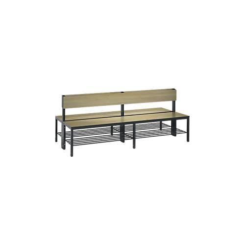 Sitzbank Basic Plus, 2-seitig, mit Rückenlehne & Schuhrost, 4-Fußgestell schwarzgrau RAL 7021, B 1960 mm, Dekor Eiche Ser.